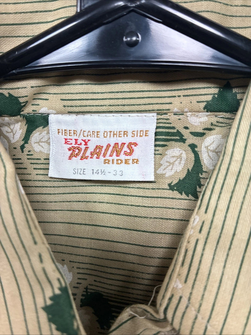New Men’s ELY Plains Tan Green Floral Long Sleeve Pearl Snap 14.5 Small X-111