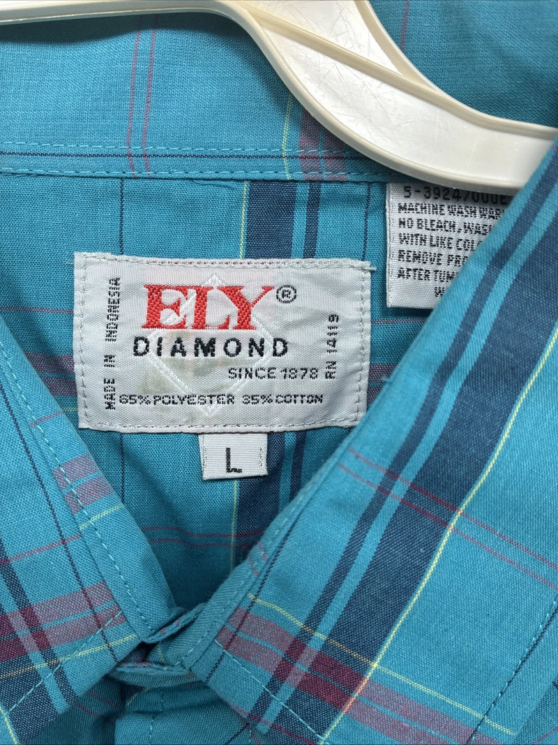 New Men’s ELY Diamond Blue Plaid Long Sleeve Pearl Snap Large CC-40
