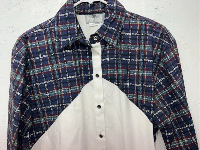 New Women’s Cowboy Threads White Navy Plaid Long Sleeve Button Up Shirt M 3B-75