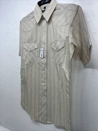 New Men’s White Horse Tan Striped Short Sleeve Pearl Snap Small B-40