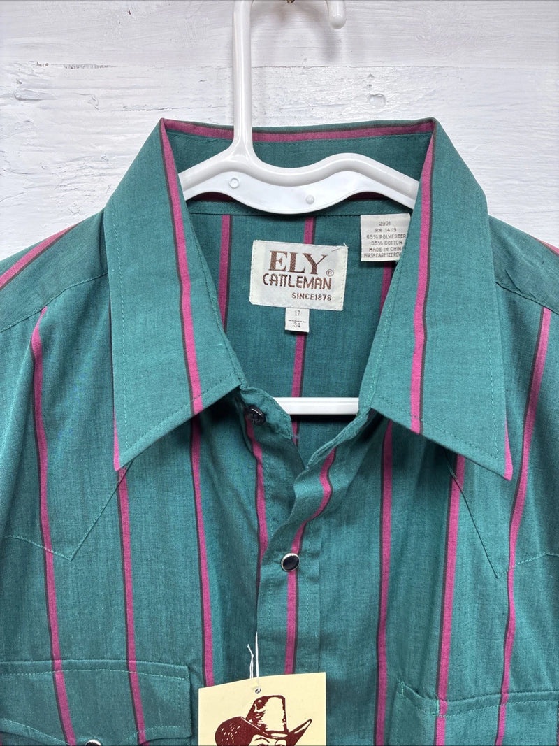 New Men’s ELY Cattleman Green Pink Strip Long Sleeve Pearl Snap 16 X 34 XL H-83
