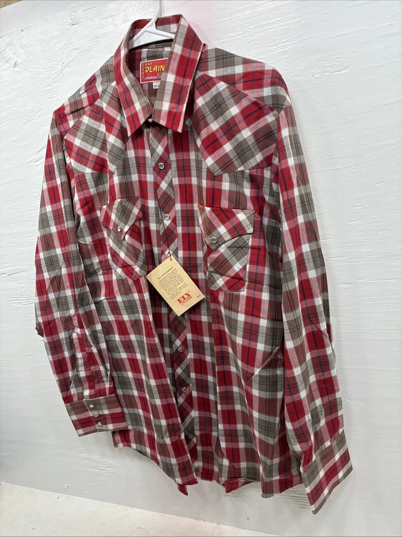 New Men’s ELY Plains Red Plaid Long Sleeve Pearl Snap 16.5 X 34 Large CC-71