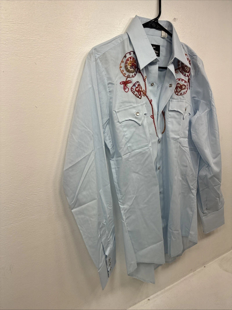New Women’s Champion Western Blue Design Long Sleeve Pearl Snap Size 15 MM-43