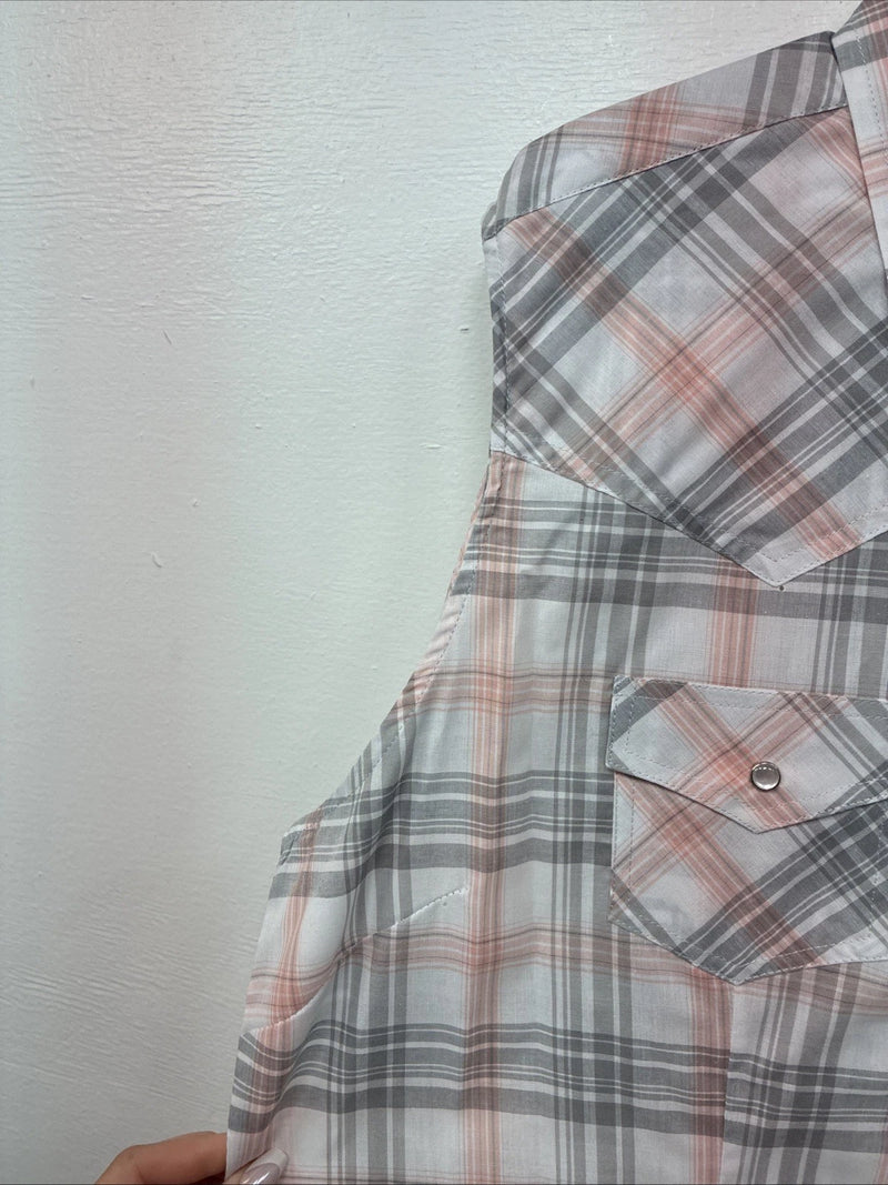 New Women’s Cumberland Pink Gray Plaid Short Sleeve Pearl Snap XL GG-76