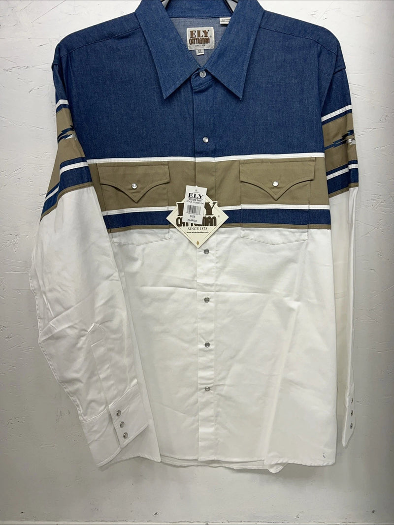 New Mens White Blue ELY Cattleman Long Sleeve Pearl Snap Shirt. XL S-30