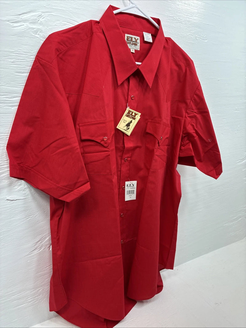 New Men’s ELY Cattleman Red Short Sleeve Pearl Snap 2XL 18 E-45