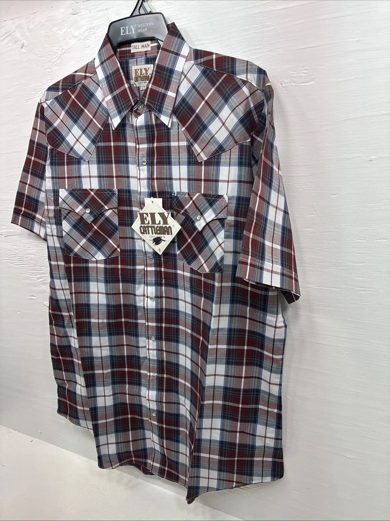 New Men’s ELY Cattleman Red White Plaid Short Sleeve Pearl Snap Large Tall X-66