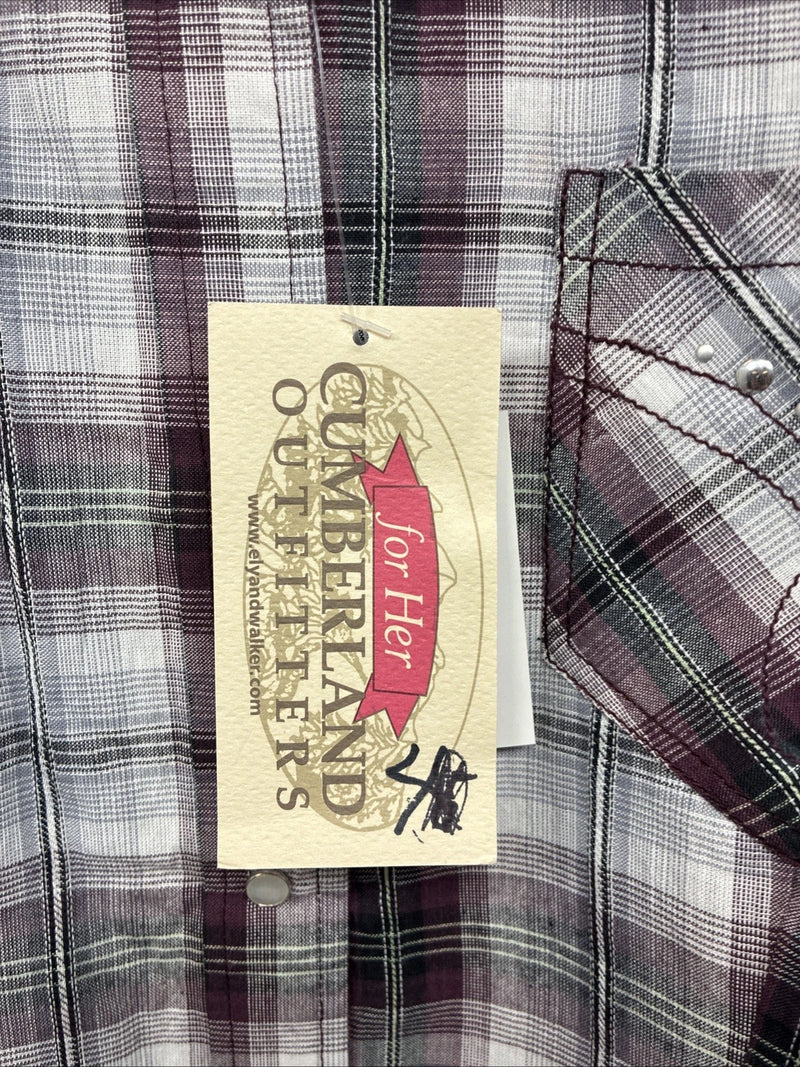 New Women’s Cumberland Purple Plaid Long Sleeve Pearl Snap 1XL KK-79