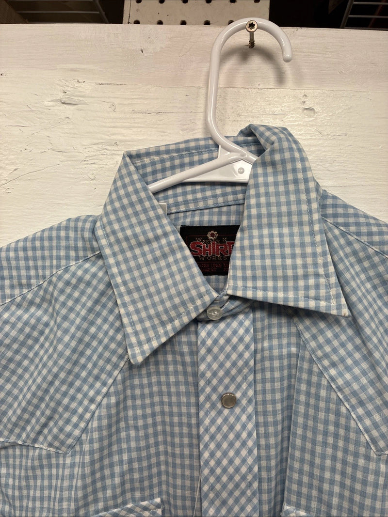 New Men’s Western Shirts Blue Checkered Short Sleeve Pearl Snap Small J-72
