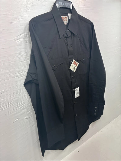 New Men’s  ELY Cattleman Black Long Sleeve Pearl Snap 16.5 X 34 Large V1-100