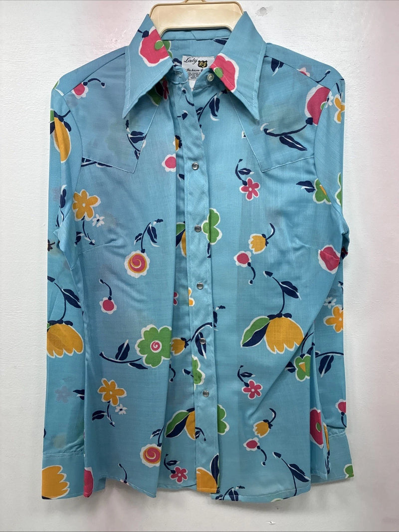New Women’s Dickson Jenkins Blue Floral Long Sleeve Pearl Snap Size 36 KK-119
