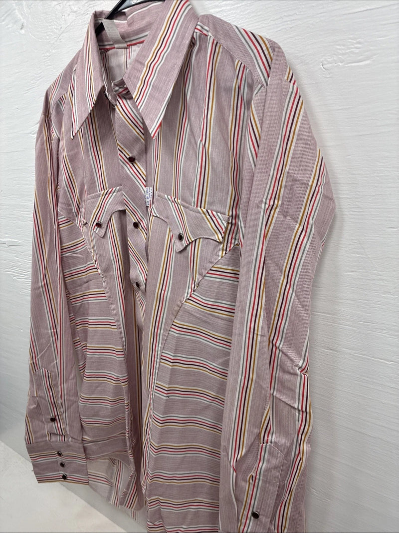 New Men’s Tem Tex Pink Multicolor Stripe Long Sleeve Pearl Snap 16 Large M-27
