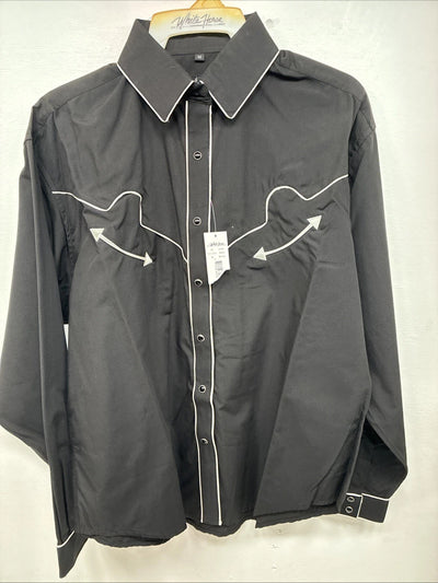 New Women’s White Horse Black Design Long Sleeve Pearl Snap Medium LL-87