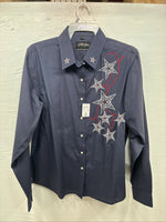New Girls White Horse Blue Star Design Long Sleeve Pearl Snap Large CC-73
