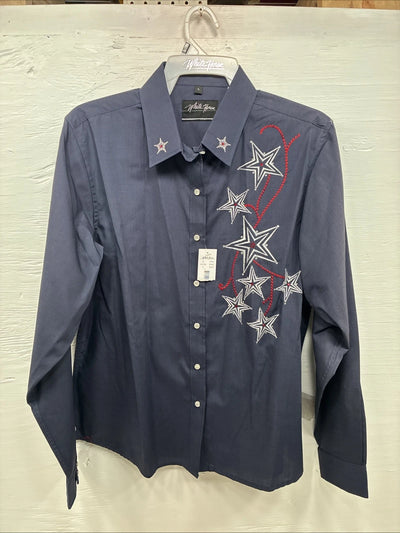 New Girls White Horse Blue Star Design Long Sleeve Pearl Snap Large CC-73