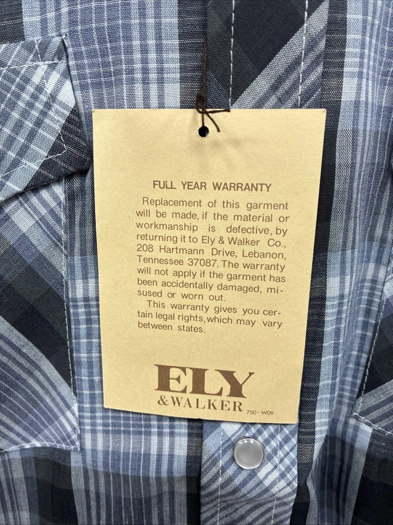 New Men’s ELY Cattleman Gray Blue Plaid Long Sleeve Pearl Snap Large Q-54