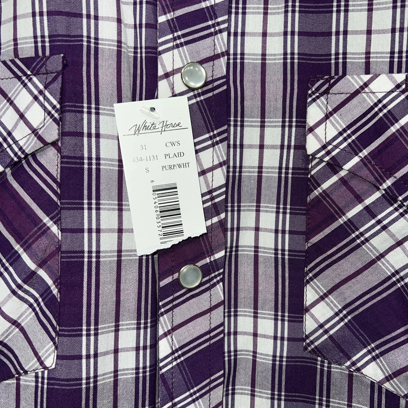 New Men’s White Horse Purple Short Sleeve Pearl Snap Small B-46