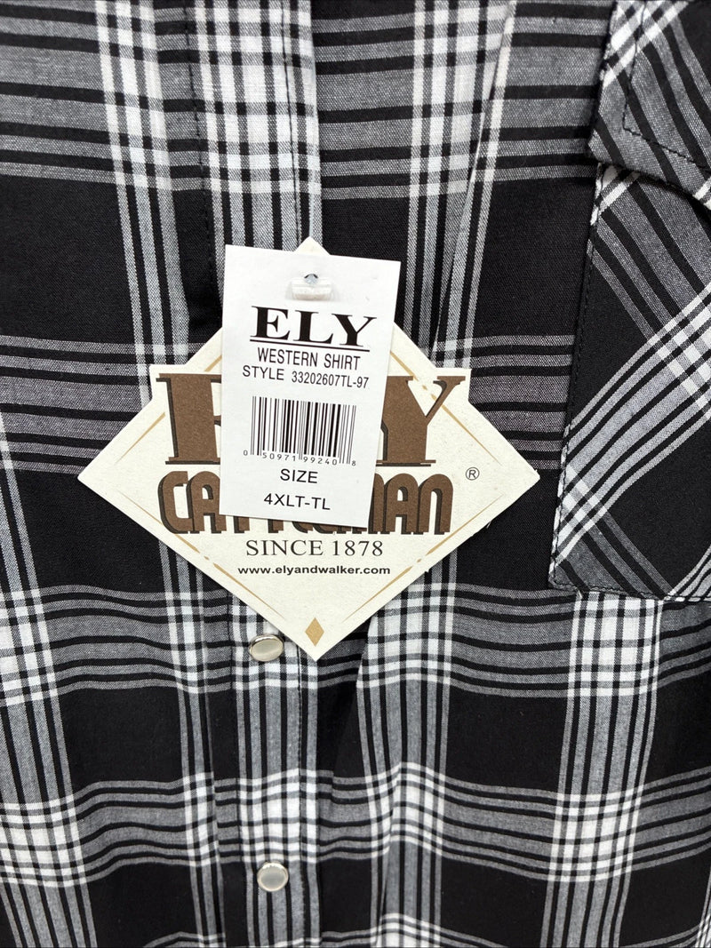 New Men’s ELY Cattleman Black White Flannel Short Sleeve Pearl Snap 4XL E-78