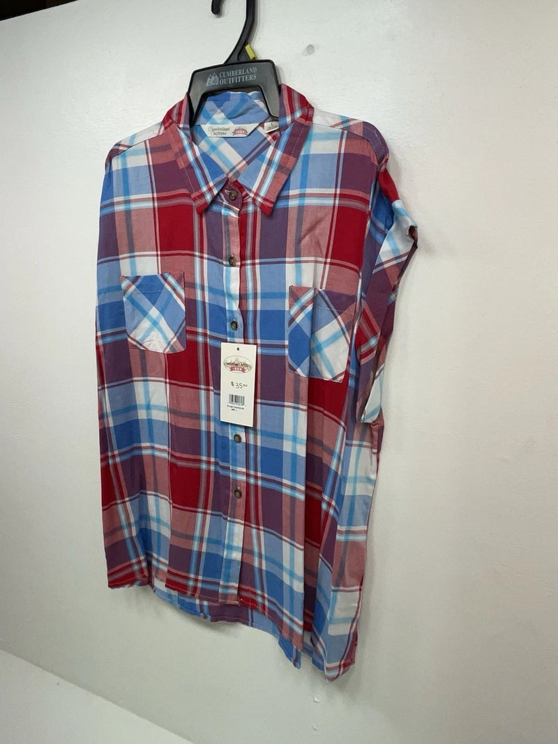 New Women’s Plaid Cumberland Outfitters Cut Off Button Up Shirt L #14119 3B-49