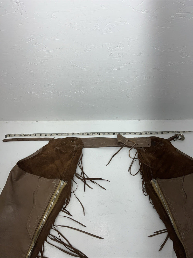 NOS Brown Show Chaps With Fringe Adjustable Waist 33” I-64
