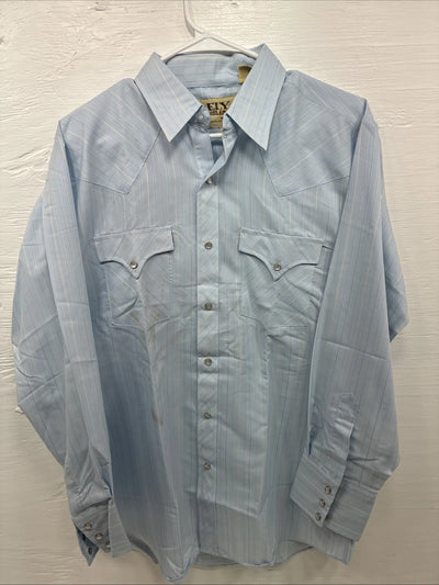 New Men’s ELY Cattleman Blue Stripe Long Sleeve Pearl Snap 16 X 34 Large V-113