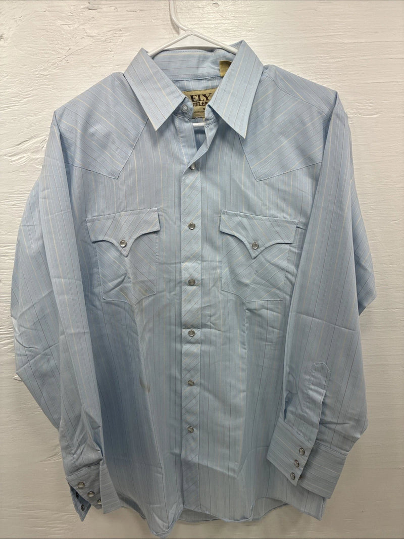 New Men’s ELY Cattleman Blue Stripe Long Sleeve Pearl Snap 16 X 34 Large V-113
