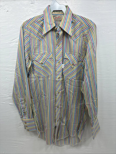 New Men’s Tem Tex Multicolor Stripe Long Sleeve Pearl Snap 14 X 33 Small M-84