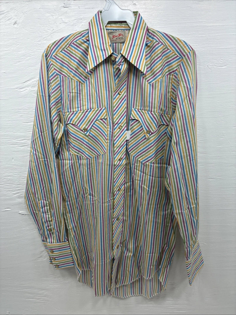New Men’s Tem Tex Multicolor Stripe Long Sleeve Pearl Snap 14 X 33 Small M-84