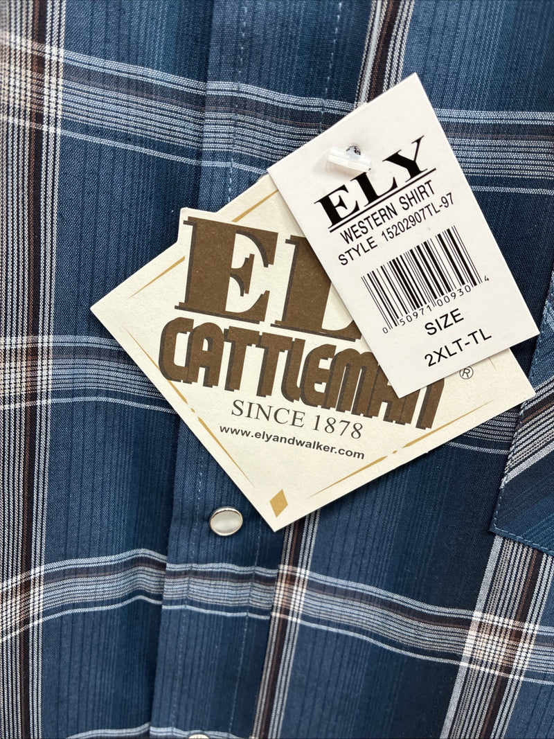 New Men’s ELY Cattleman Blue Flannel Long Sleeve Pearl Snap 2XLT F-60