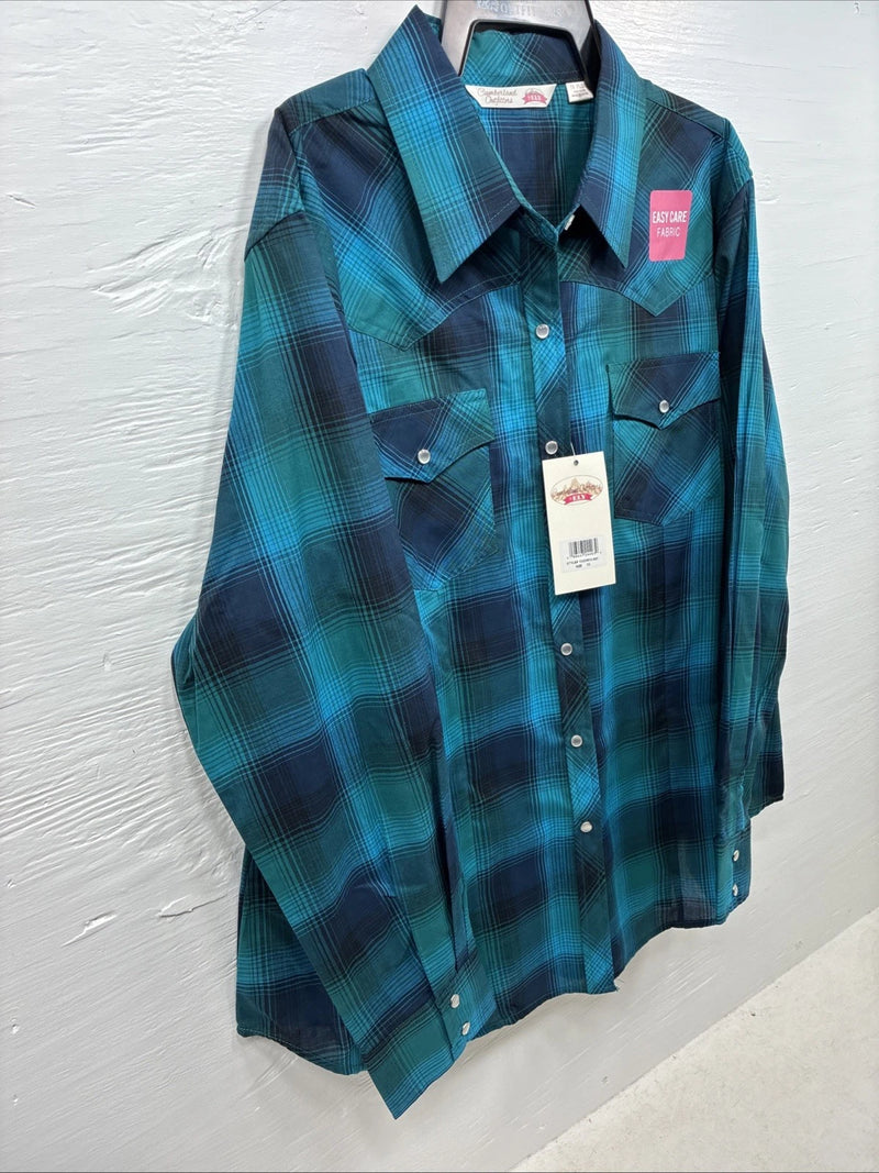 New Women’s Cumberland Blue Plaid Long Sleeve Pearl Snap 1XL Plus DD-16