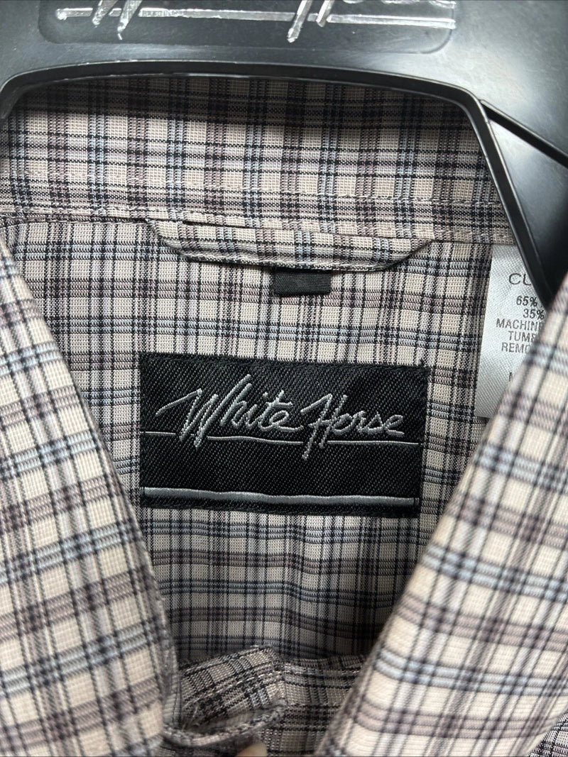 New Men’s White Horse brown Plaid Short Sleeve Pearl Snap Large CC-34