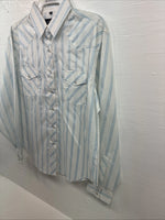 New Womens White Horse White Blue Stripe Long Sleeve Pearl Snap Large V-69