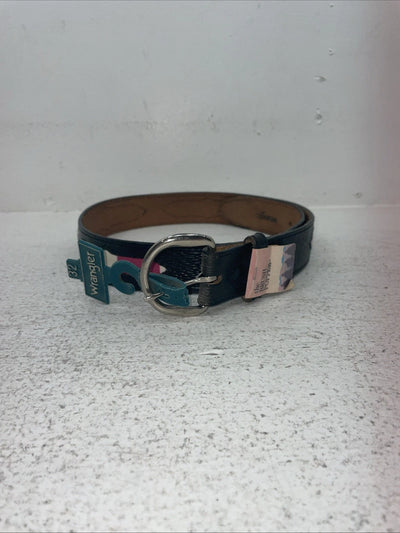 New Black Genuine Leather Wrangler Pink Striped Fabric 32” Belt #627005 Z-16