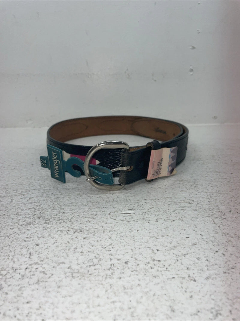 New Black Genuine Leather Wrangler Pink Striped Fabric 32” Belt #627005 Z-16