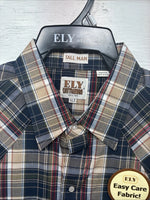 New Men’s ELY Cattleman Brown Blue Plaid Long Sleeve Pearl Snap XLT R-44
