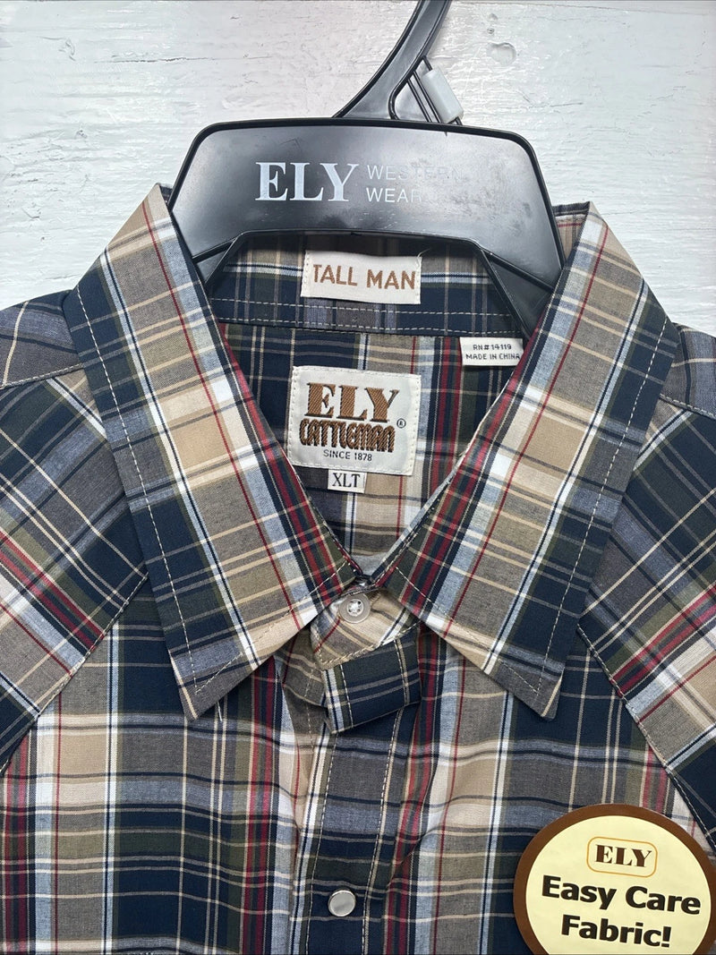 New Men’s ELY Cattleman Brown Blue Plaid Long Sleeve Pearl Snap XLT R-44