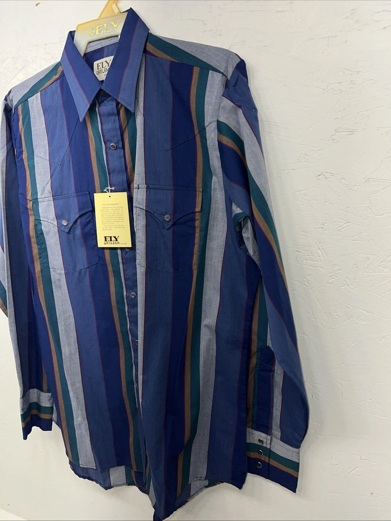 New Men’s Blue ELY Cattleman Pearl Snap Long Sleeve Shirt. 16x35 Large P-57