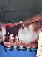 New Men’s ELY Cattleman Blue Black Horse Design Short Sleeve Pearl Snap Med J-96