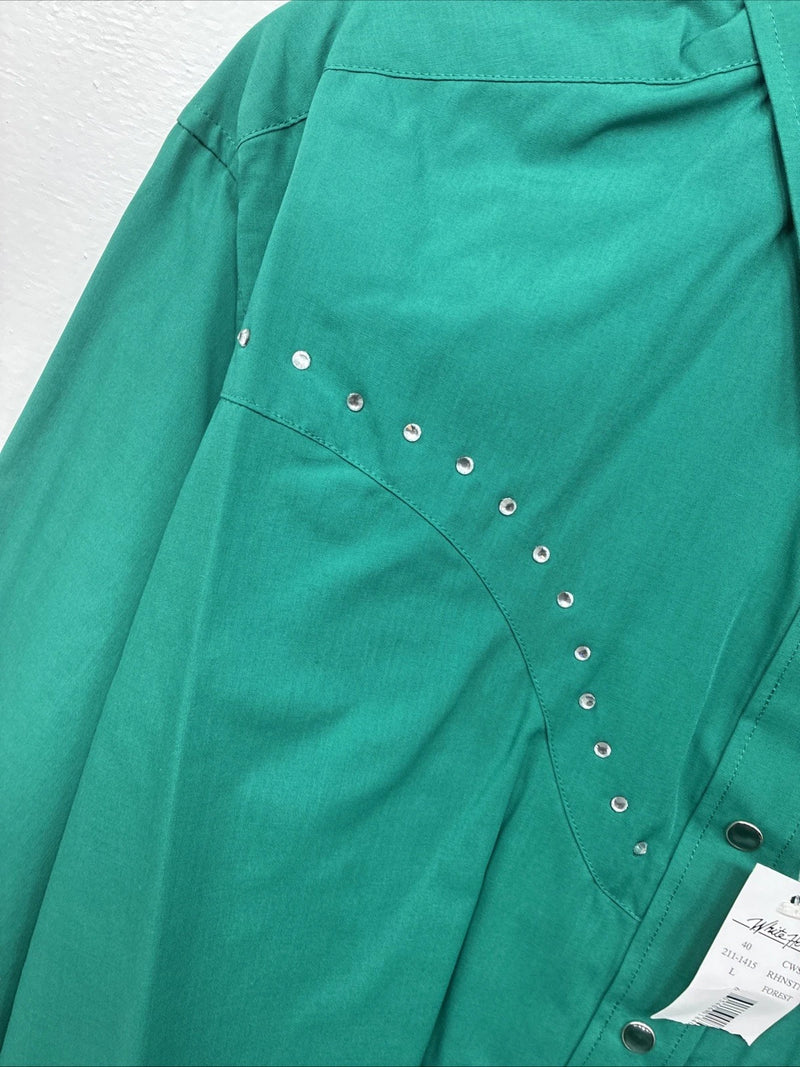 New Women’s White Horse Green Gem Long Sleeve Pearl Snap Large II-74