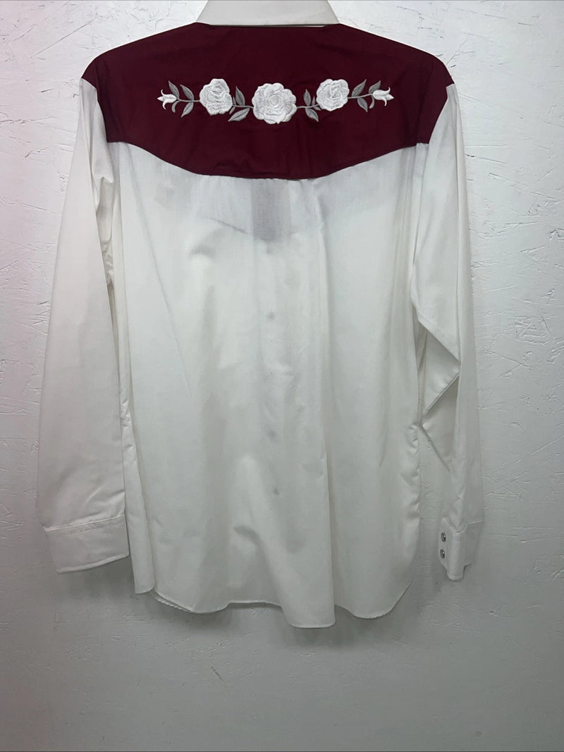 New Women’s ELY Cattleman White Red Flower Long Sleeve Button Up M #3802 3C-42