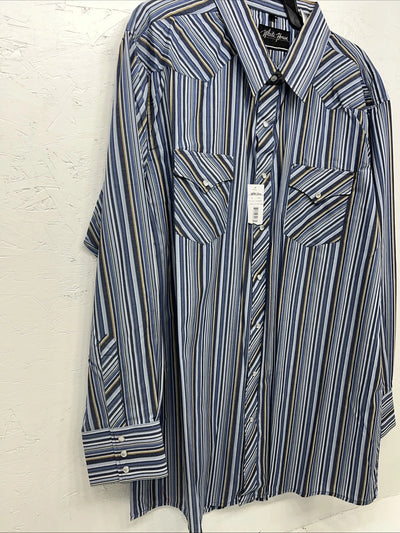 New Men’s Blue Stripped White House Pearl Snap Long Sleeve Shirt. XXL G-64