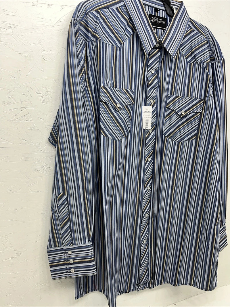 New Men’s Blue Stripped White House Pearl Snap Long Sleeve Shirt. XXL G-64