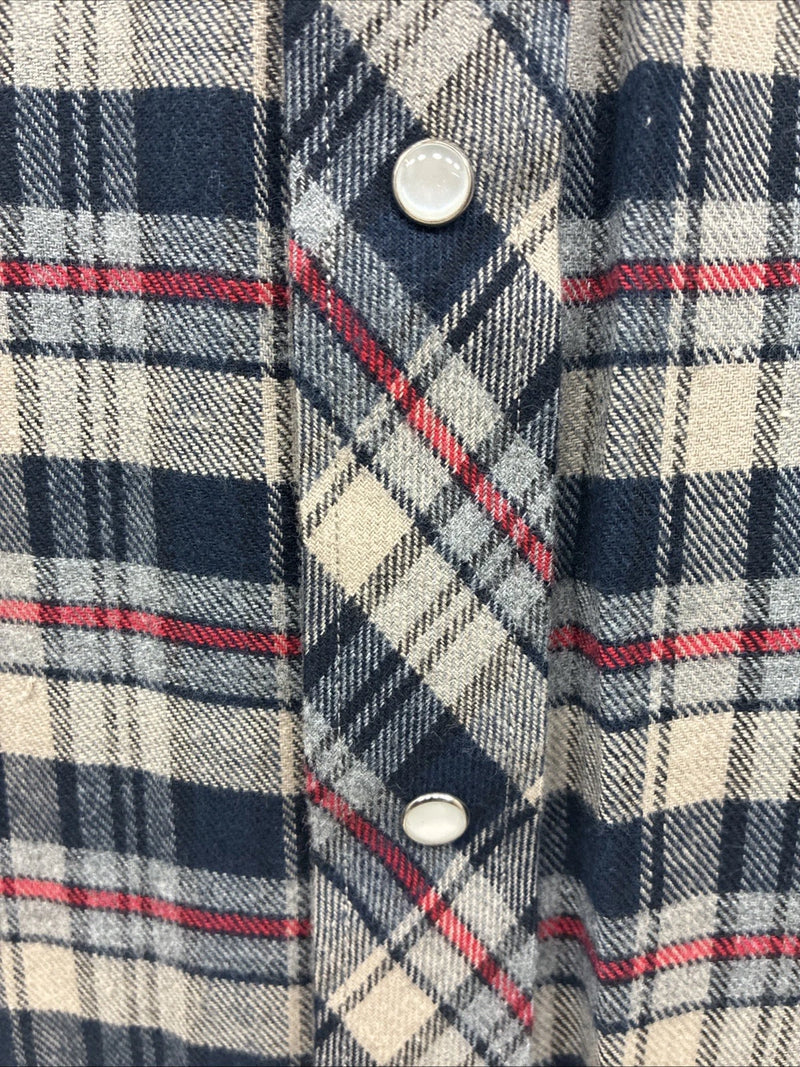 New Men’s White Horse Brown Blue Plaid Long Sleeve Pearl Snap Large V-102