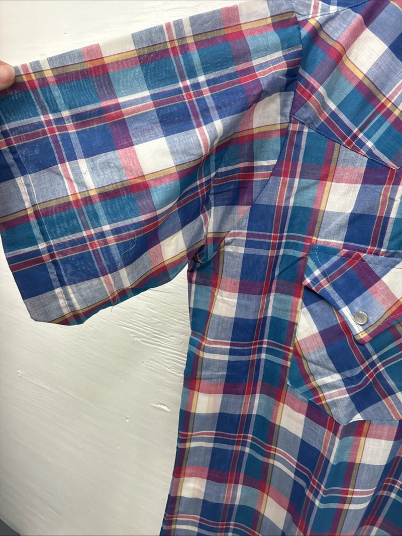 New Men’s ELY Cattleman Multicolor Plaid Short Sleeve Pearl Snap Large X-25