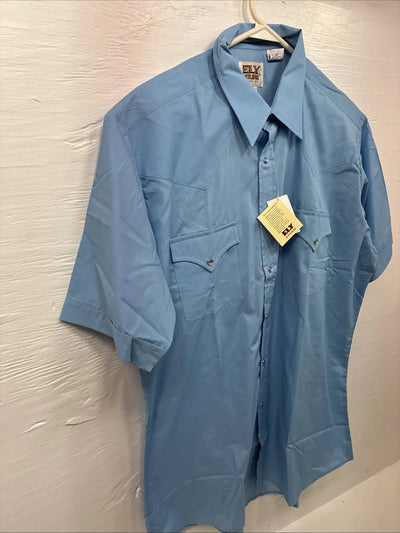 New Men’s ELY Cattleman Simple Blue Short Sleeve Pearl Snap 16 Large A-31