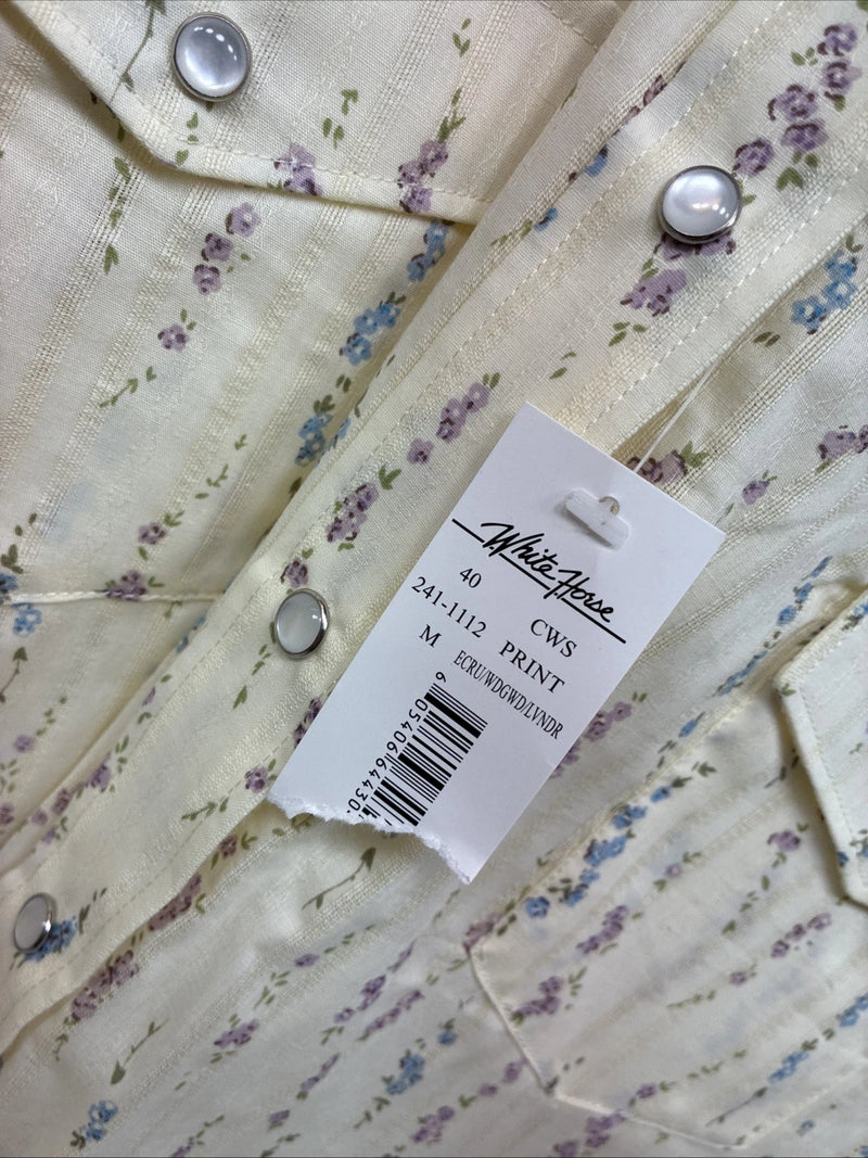 New Women’s White Horse Yellow Floral Long Sleeve Pearl Snap Medoum II-96