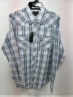 New Men’s ELY 1878 White Blue Plaid Long Sleeve Pearl Snap XL J-38