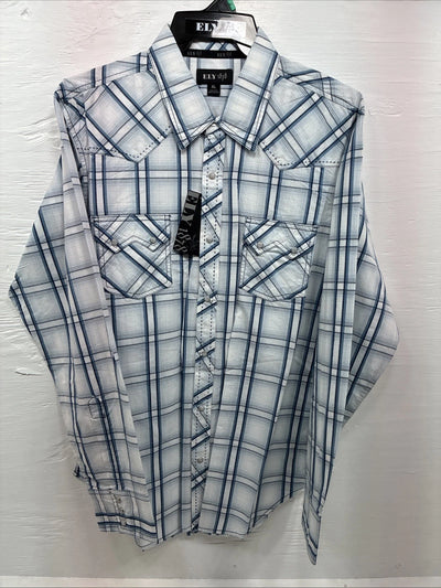 New Men’s ELY 1878 White Blue Plaid Long Sleeve Pearl Snap XL J-38