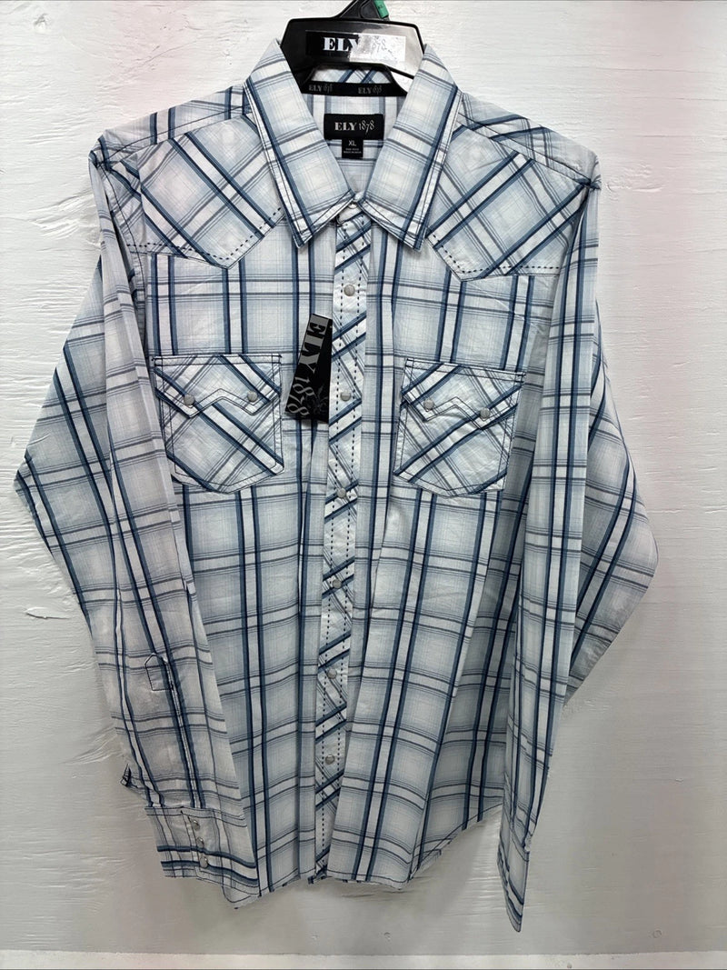 New Men’s ELY 1878 White Blue Plaid Long Sleeve Pearl Snap XL J-38