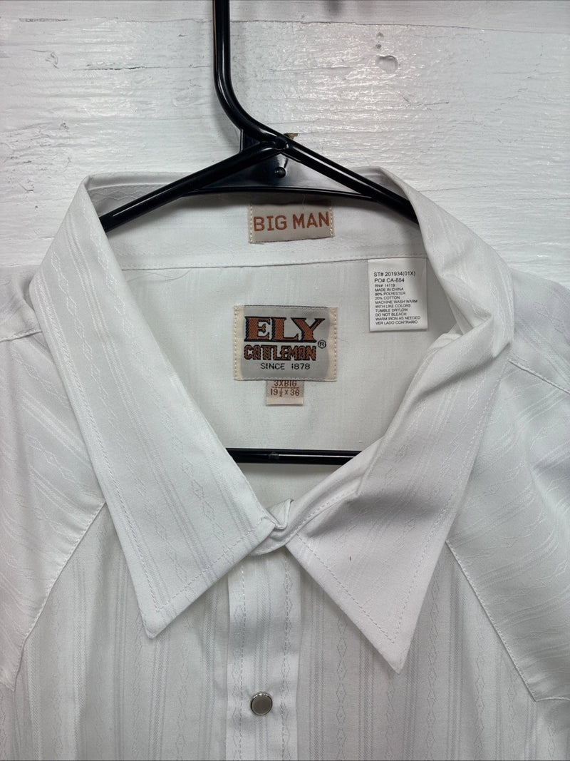 New Men’s ELY Cattleman White Designed Long Sleeve Pearl Snap 19.5 X 36 3XL T-47